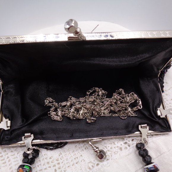 Vintage inspired Black Drape Bead & Flower Bead Evening Bag Purse - Picture 6 of 9